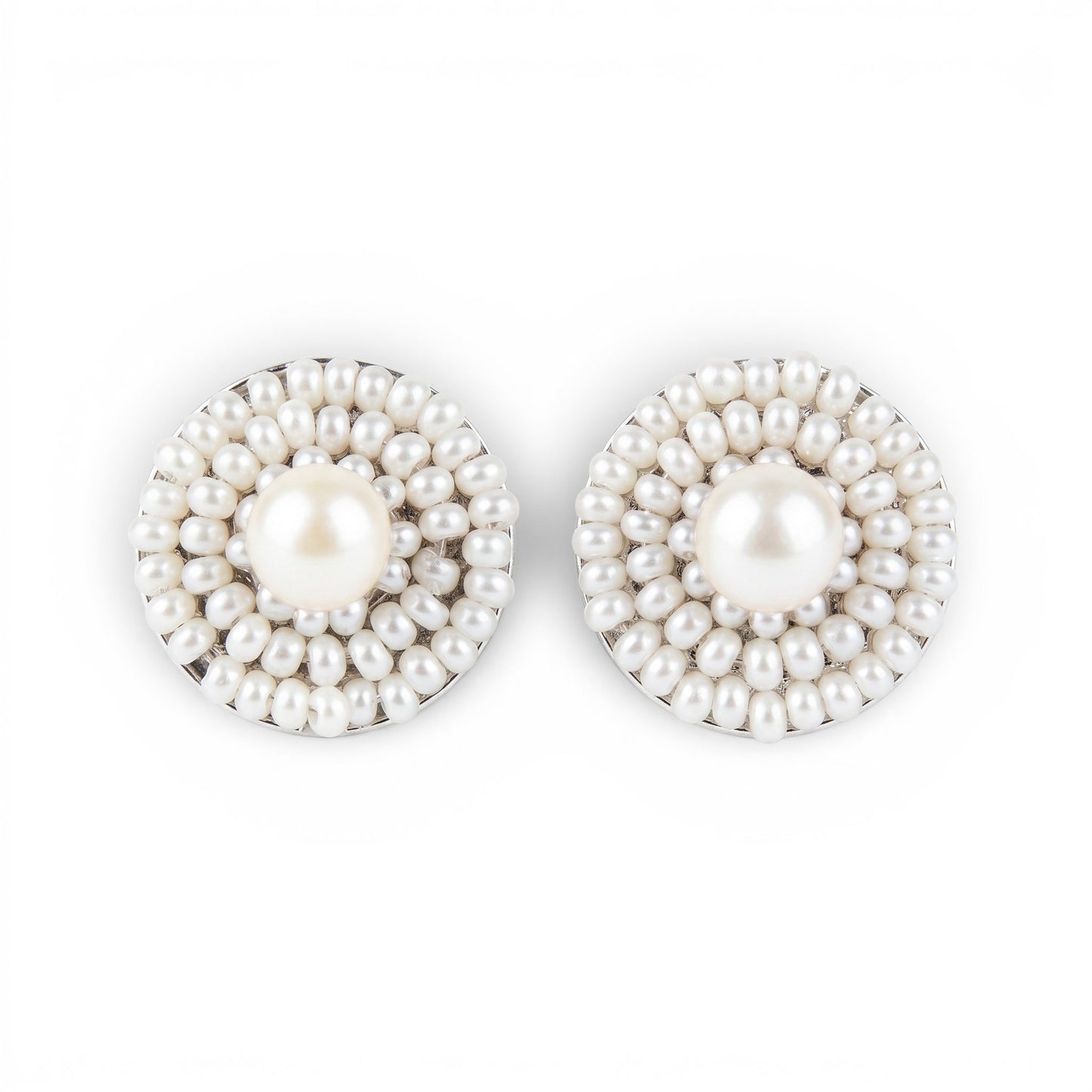 Trebor Style Ziio white freshwater pearl button earrings with Murano glass bead frames and sterling silver posts.