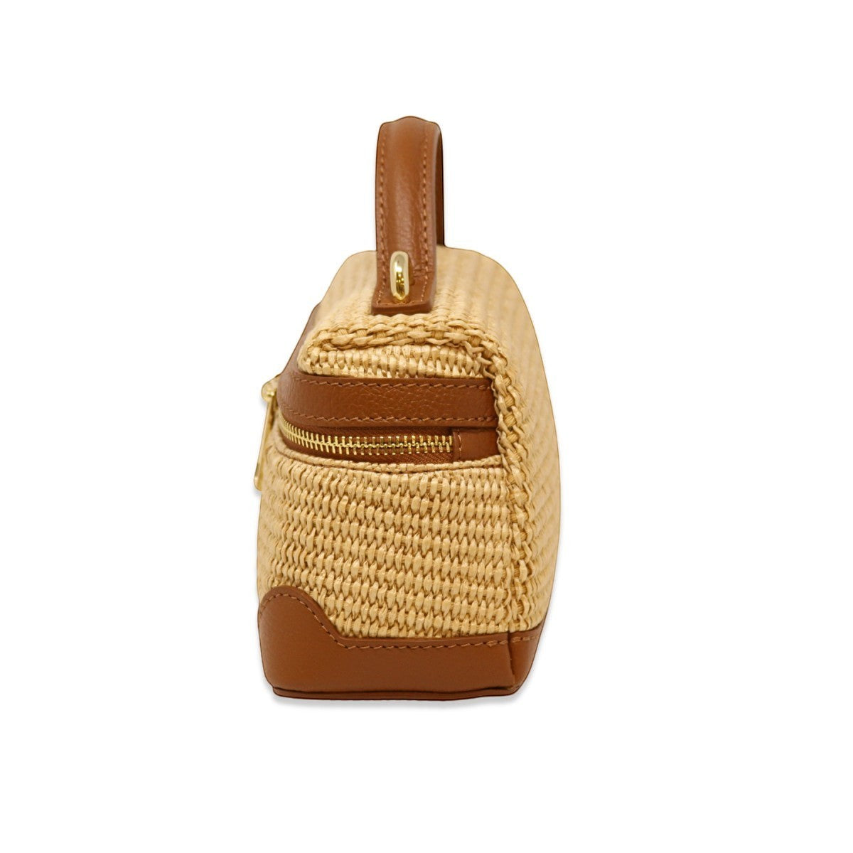 Trebor Style camel woven beach bag with a structured top handle and gold zipper detail, side view