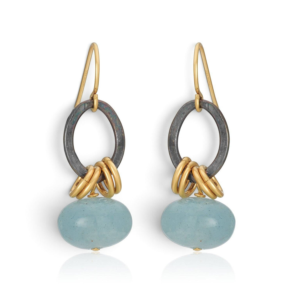 Trebor Style Xian earrings featuring sky blue aquamarine donut gemstones, oxidized silver links, and gold-filled hooks.
