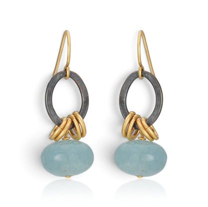 Trebor Style Xian earrings featuring sky blue aquamarine donut gemstones, oxidized silver links, and gold-filled hooks.
