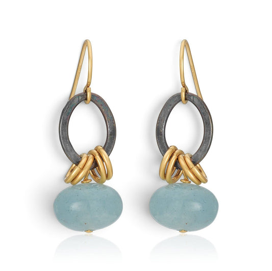 Trebor Style Xian earrings featuring sky blue aquamarine donut gemstones, oxidized silver links, and gold-filled hooks.