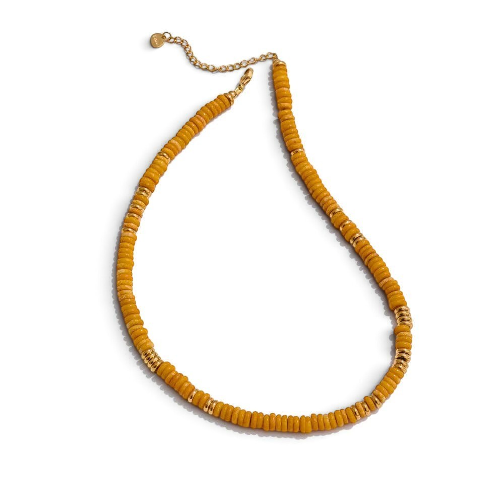Trebor Style yellow jasper heishi bead necklace with gold-plated accents, 18-inch length, handcrafted in NYC.