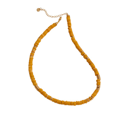 Trebor Style yellow jasper heishi bead necklace with gold-plated accents and adjustable chain clasp.
