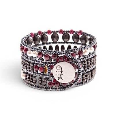 Trebor Style Ziio Aki cuff bracelet featuring black onyx, garnet, and pearl beads with a sterling silver button closure.