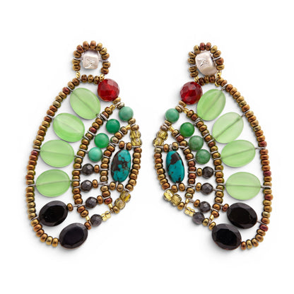 Trebor Style Ziio Aki drop earrings featuring green chrysophrase, turquoise, spinel, and Murano glass beads on wire.