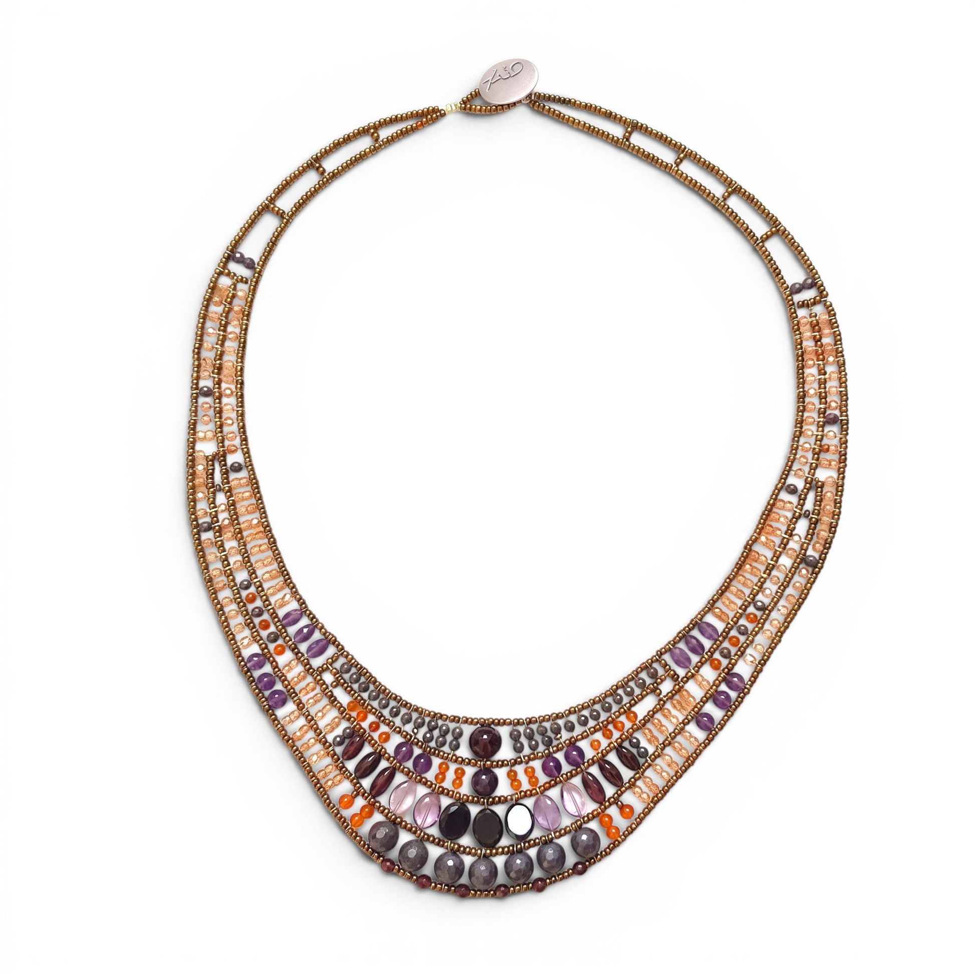 Trebor Style Ziio Aki statement bib necklace featuring carnelian, amethyst, garnet, and Murano glass beads.