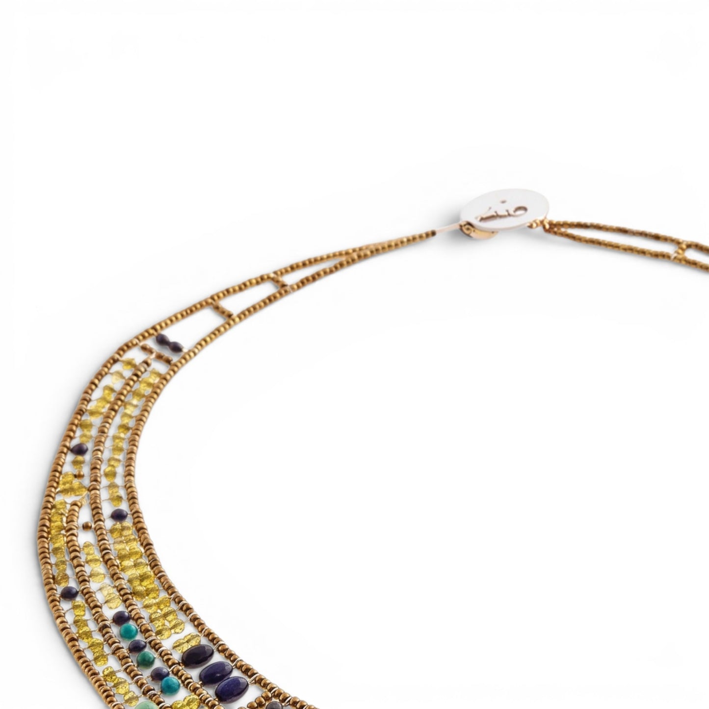Trebor Style Ziio Aki statement bib necklace featuring colorful chrysoprase, carnelian, and lapis gemstones.