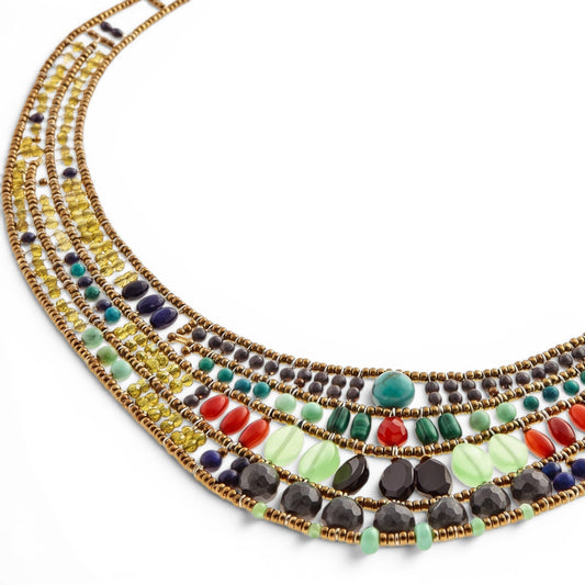 Trebor Style Ziio Aki bib necklace featuring multi-colored gemstones, Murano glass, and sterling silver closure.