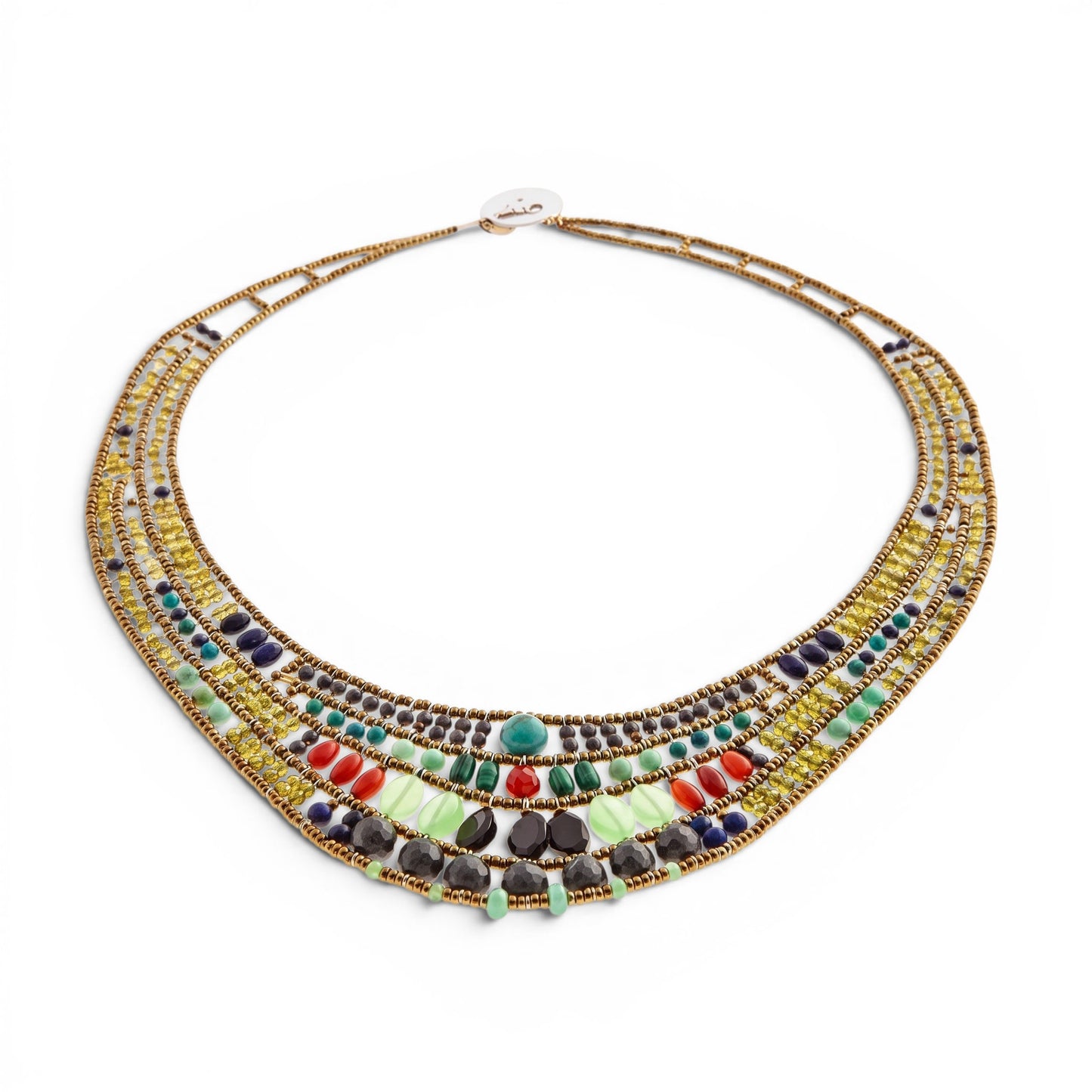 Trebor Style Ziio Aki bib necklace featuring colorful chrysoprase, carnelian, lapis, and Murano glass beads on wire.