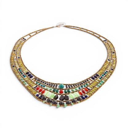 Trebor Style Ziio Aki bib necklace featuring colorful chrysoprase, carnelian, lapis, and Murano glass beads on wire.