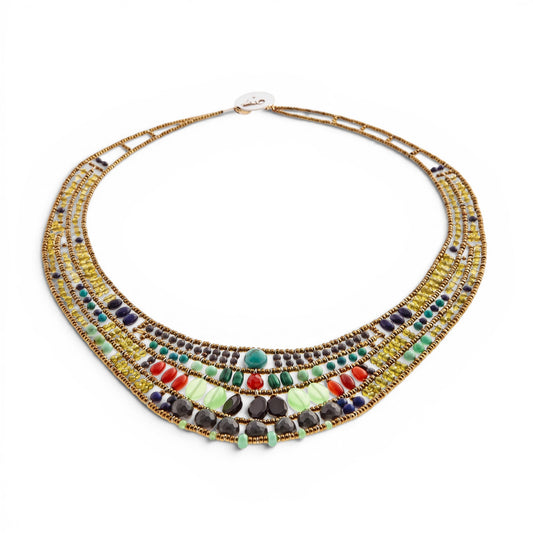 Trebor Style Ziio Aki bib necklace featuring colorful chrysoprase, carnelian, lapis, and Murano glass beads on wire.