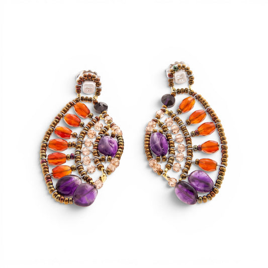 Trebor Style Ziio Aki drop earrings featuring orange carnelian, purple amethyst, zircon, and Murano glass beads.