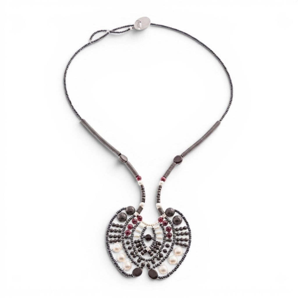 Trebor Style Ziio Aki statement necklace featuring black onyx, garnet, and white pearl beads on a sterling silver base.