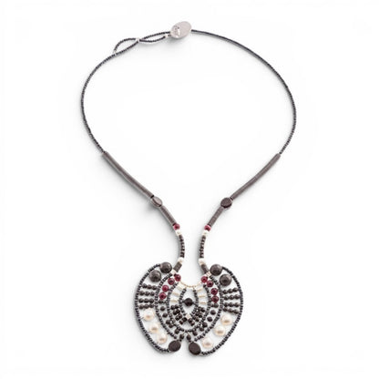 Trebor Style Ziio Aki statement necklace featuring black onyx, garnet, and white pearl beads on a sterling silver base.