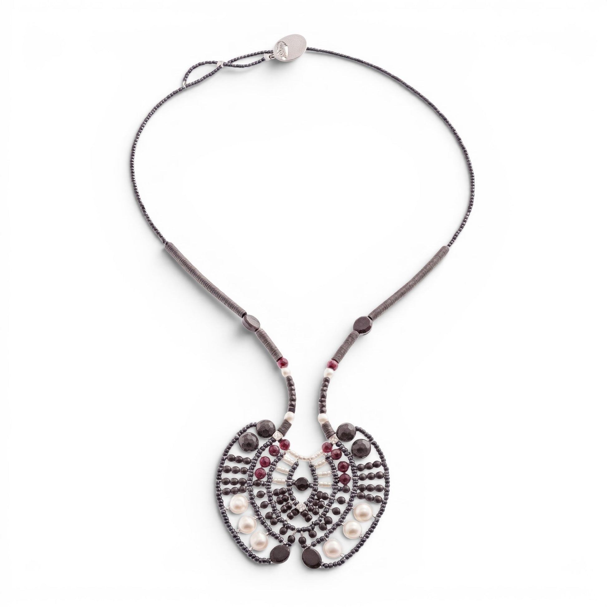 Trebor Style Ziio Aki statement necklace with black onyx, garnet, and white pearl beads on stainless steel wire.