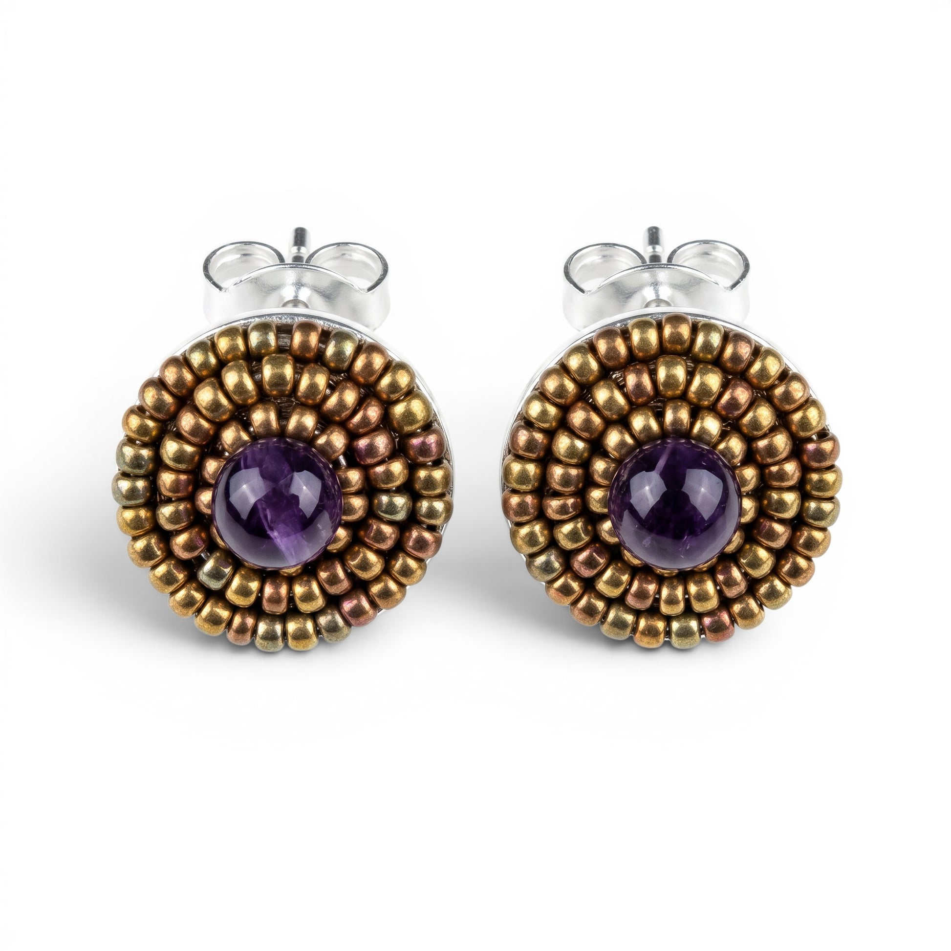Trebor Style Ziio purple amethyst button earrings with golden Murano glass beads and sterling silver posts.