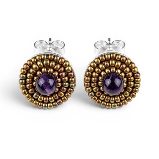 Trebor Style Ziio purple amethyst button earrings with golden Murano glass beads and sterling silver posts.