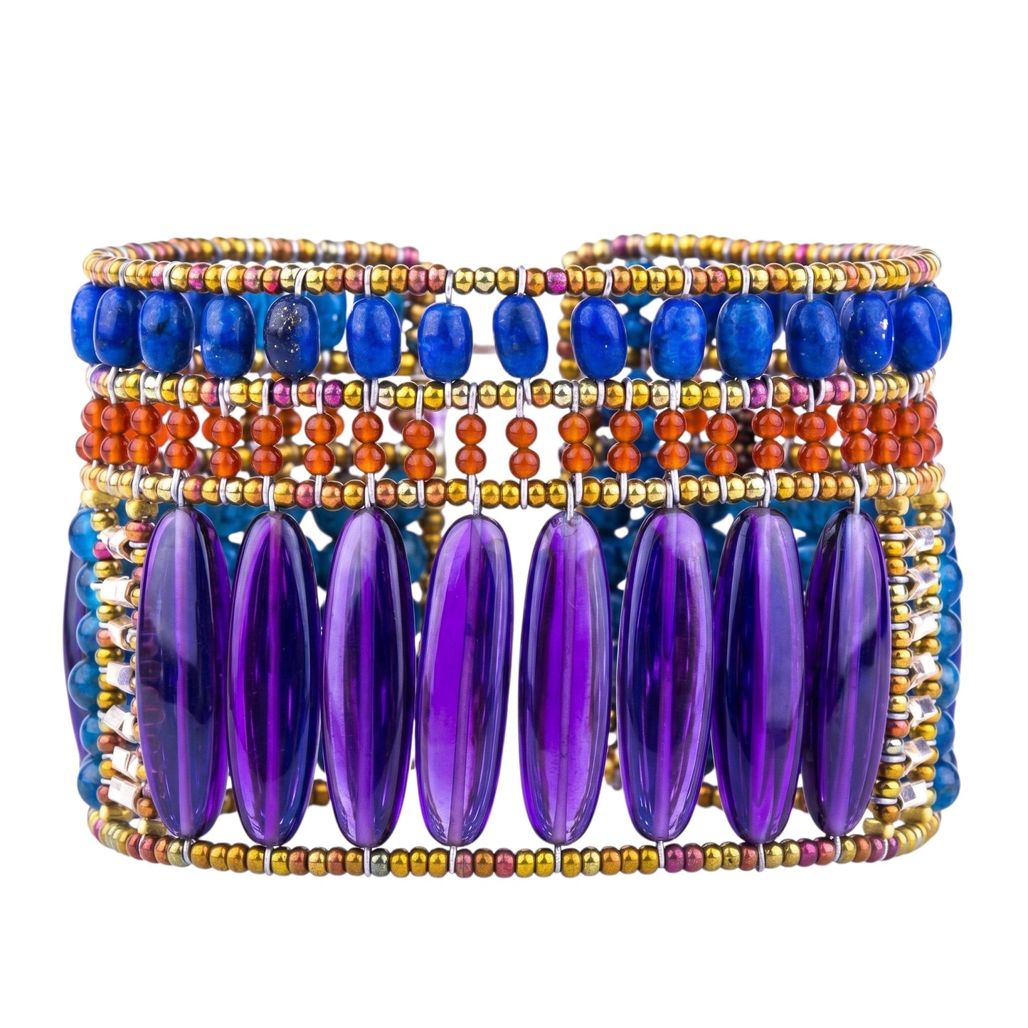 Trebor Style Ziio statement cuff bracelet with purple amethyst, blue lapis, and rust carnelian gemstones on wire.