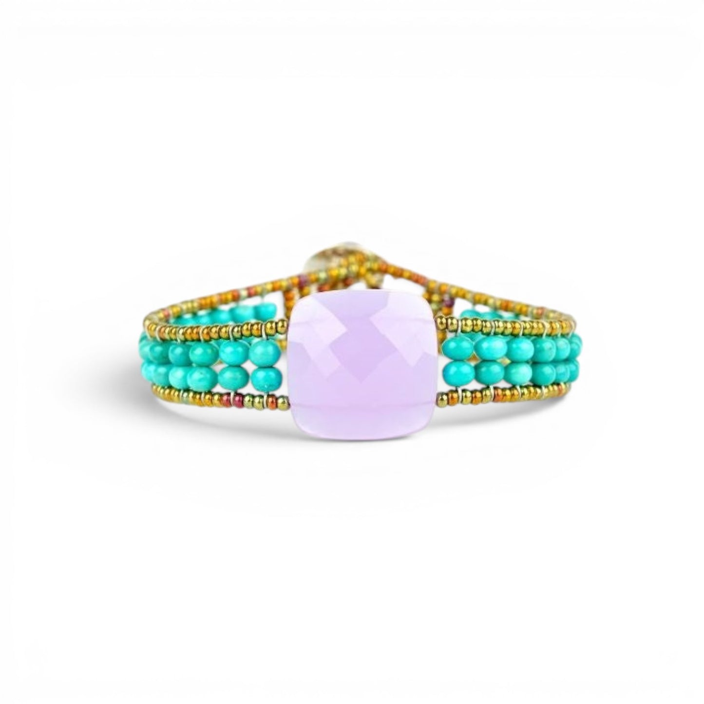 Trebor Style Ziio Armonia tennis bracelet with a central violet amethyst, turquoise beads, and gold Murano glass.