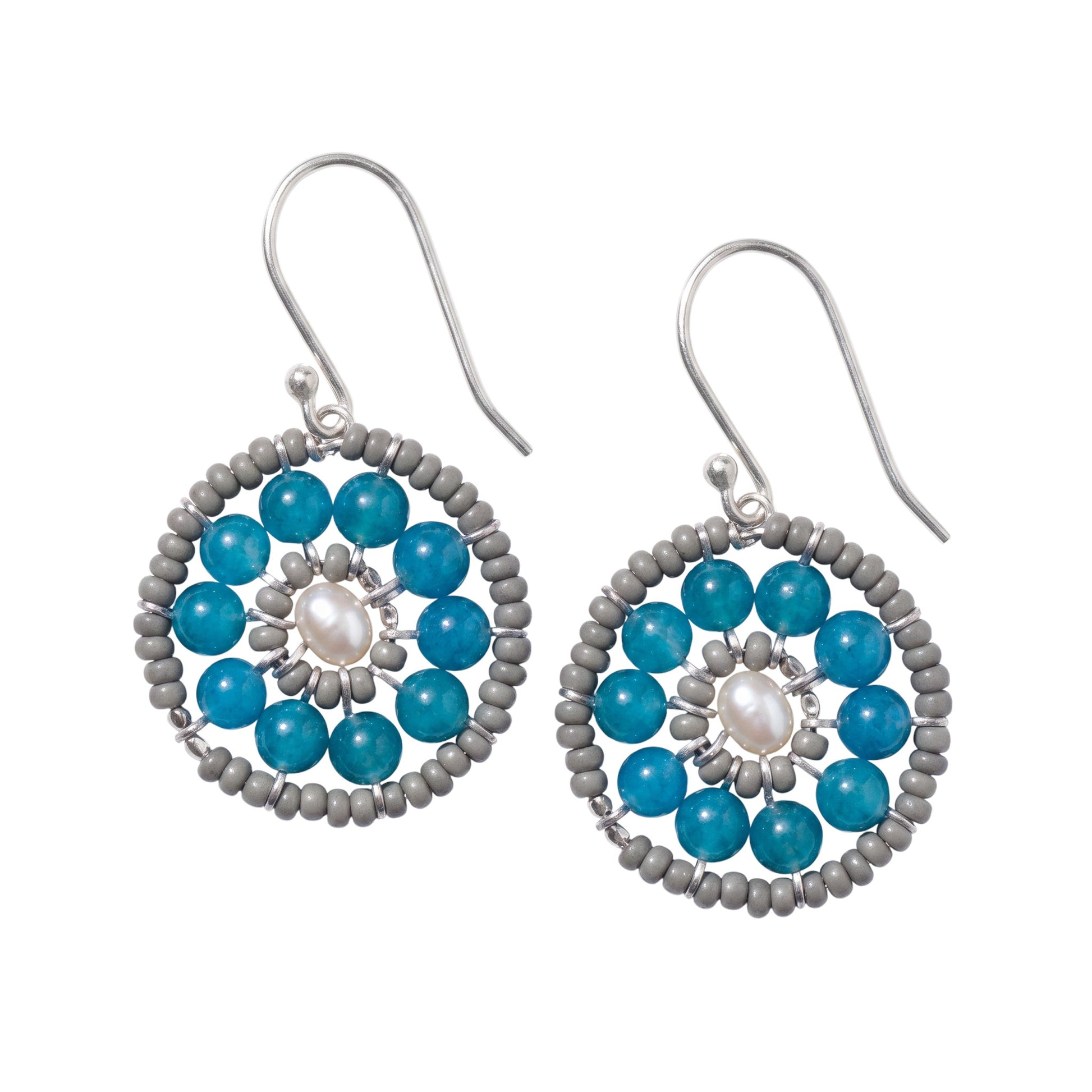 Trebor Style Ziio oval earrings featuring blue apatite, grey Murano glass beads, and a central pearl on silver hooks.