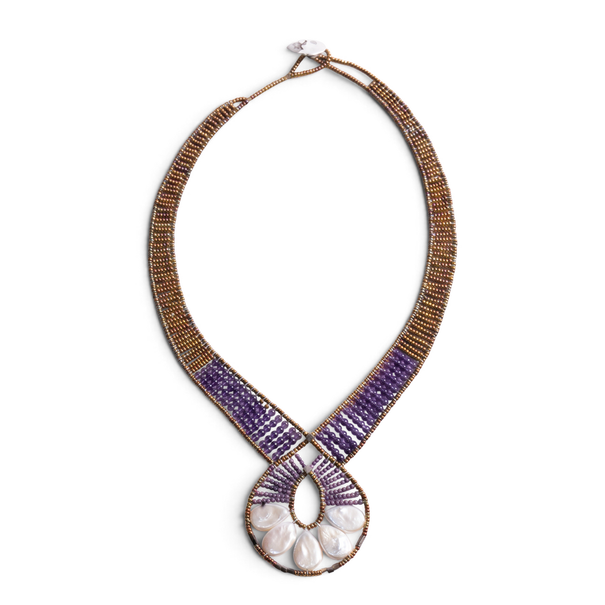 Trebor Style Ziio Ariane necklace featuring a Mother of Pearl fan pendant, Amethyst beads, and Murano glass accents.