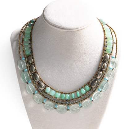 Trebor Style Ziio Atlas statement necklace featuring green chrysophrase, fluorite, turquoise, and pyrite gemstones.