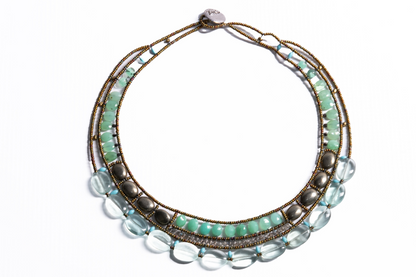 Trebor Style Ziio Atlas statement necklace featuring green chrysophrase, fluorite, turquoise, and pyrite gemstones.
