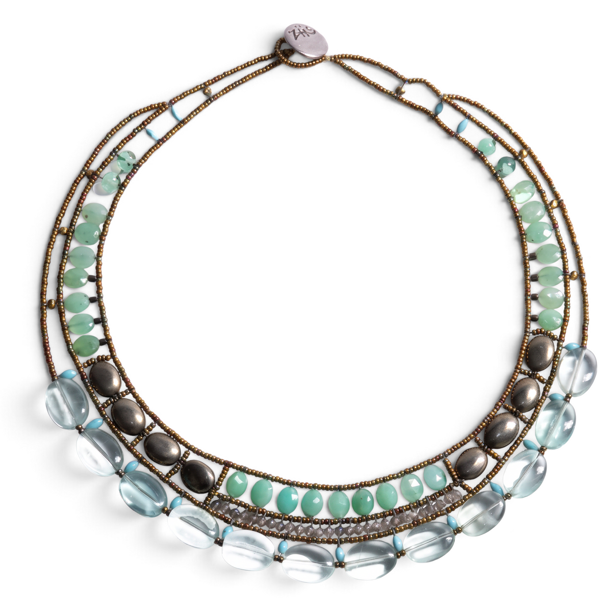 Trebor Style Ziio Atlas necklace featuring green chrysophrase, fluorite, turquoise, and pyrite beads on Murano glass.