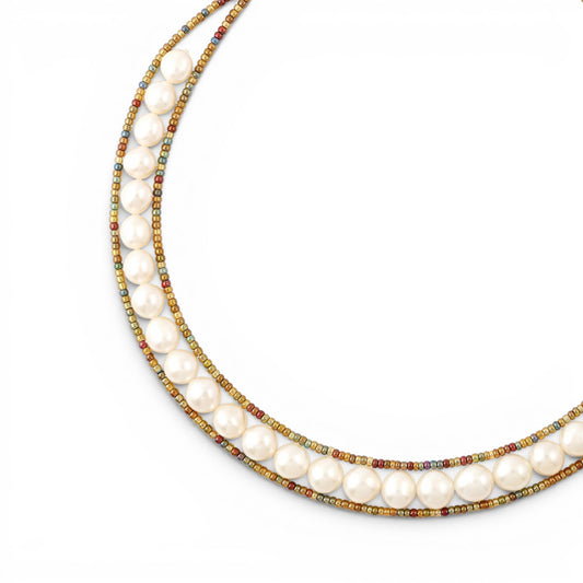 Trebor Style Ziio white baroque pearl necklace with golden Murano glass seed beads and sterling silver button clasp