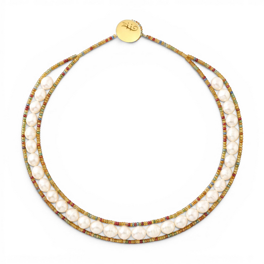 Trebor Style Ziio single strand white baroque pearl necklace with colorful Murano glass seed beads and silver button