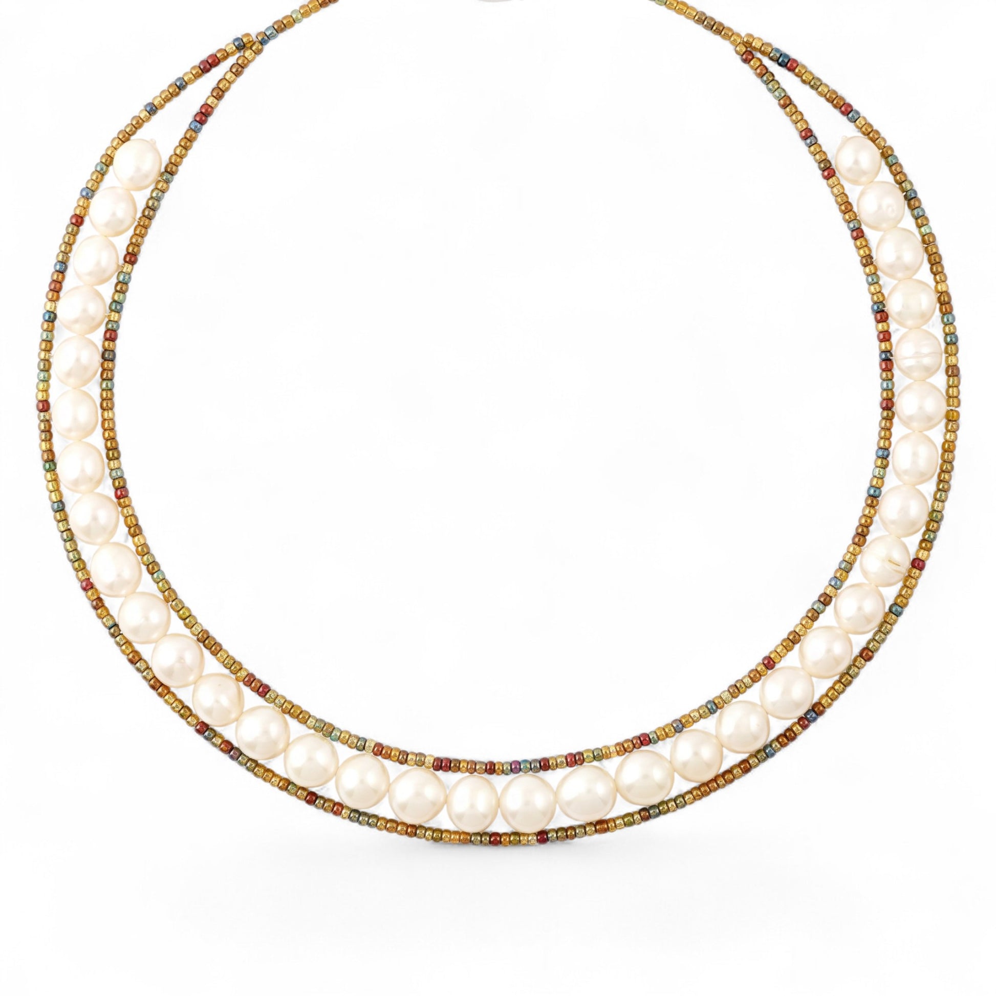 Trebor Style Ziio white baroque pearl necklace with golden Murano glass seed beads and sterling silver button clasp.