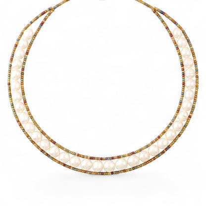 Trebor Style Ziio white baroque pearl necklace with golden Murano glass seed beads and sterling silver button clasp.