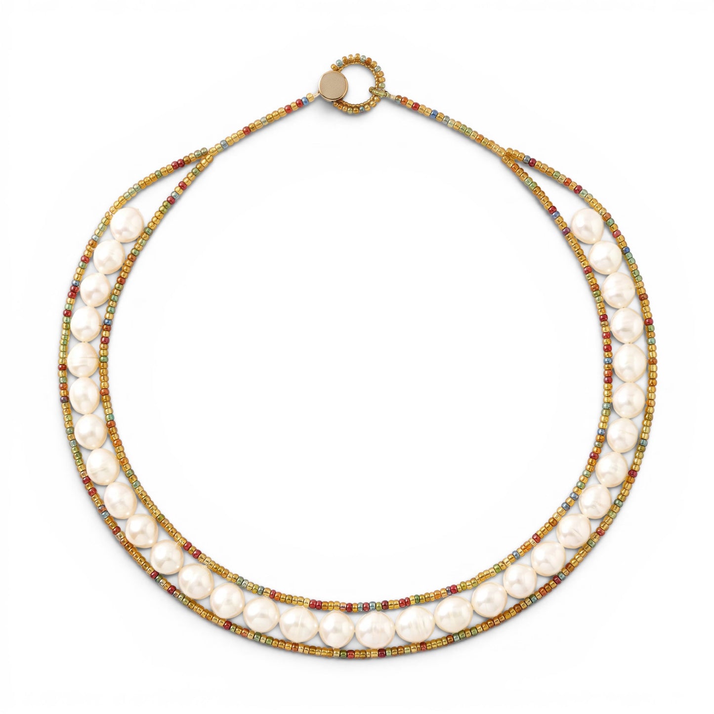 Trebor Style Ziio single strand white baroque pearl necklace with colorful Murano glass seed beads and silver button