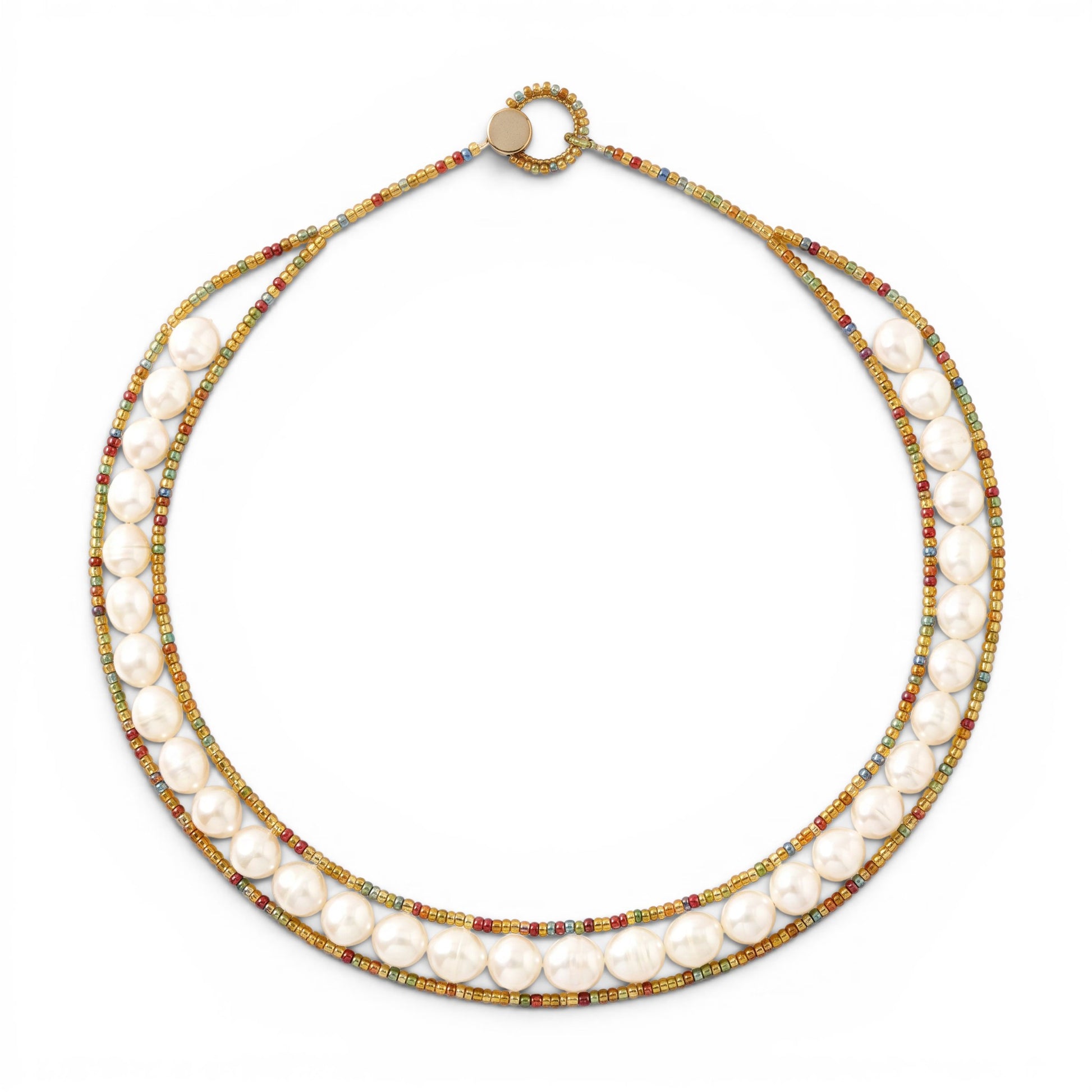 Trebor Style Ziio single strand white baroque pearl necklace with colorful Murano glass seed beads and silver button