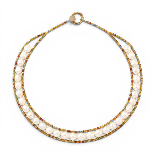 Trebor Style Ziio single strand white baroque pearl necklace with colorful Murano glass seed beads and silver button