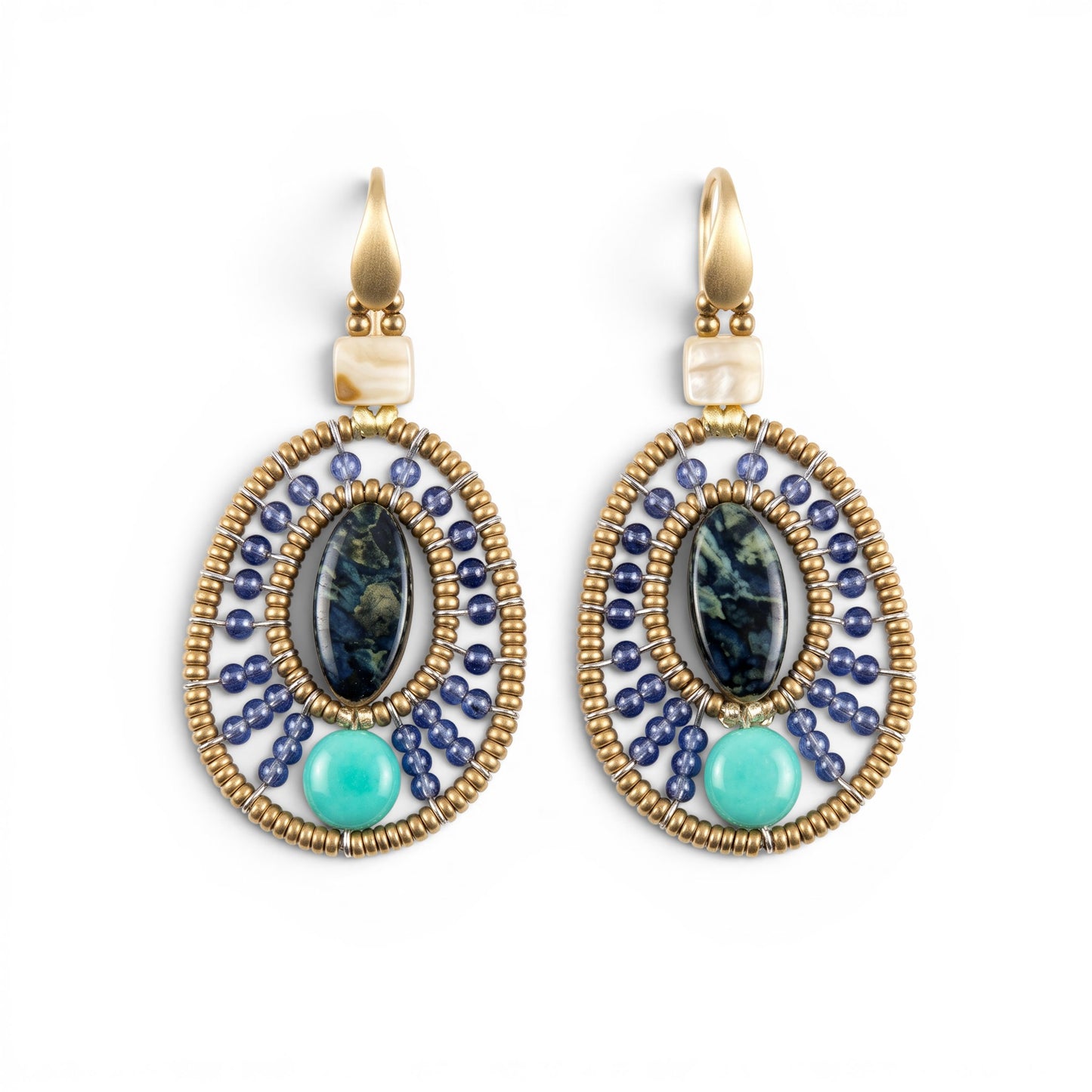Trebor Style Ziio handcrafted drop earrings with abalone, iolite, and green chrysophrase beads on sterling silver