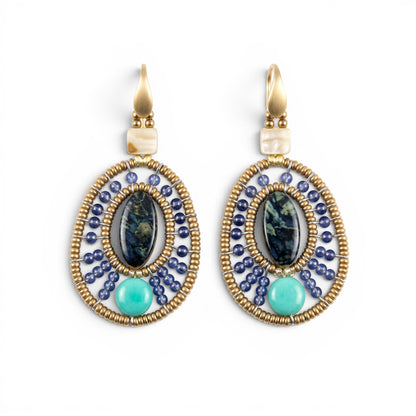 Trebor Style Ziio handcrafted drop earrings with abalone, iolite, and green chrysophrase beads on sterling silver