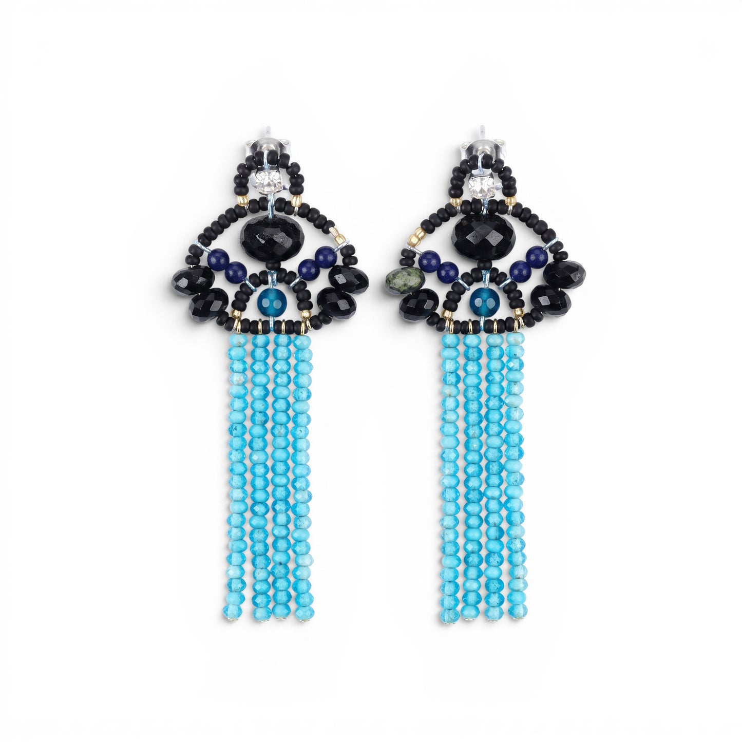 Trebor Style Ziio long tassel earrings featuring black onyx, tourmaline, lapis, and blue zircon beads on silver posts.