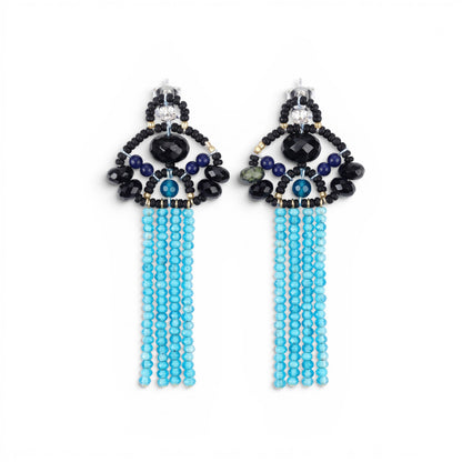 Trebor Style Ziio long tassel earrings featuring black onyx, tourmaline, lapis, and blue zircon beads on silver posts.