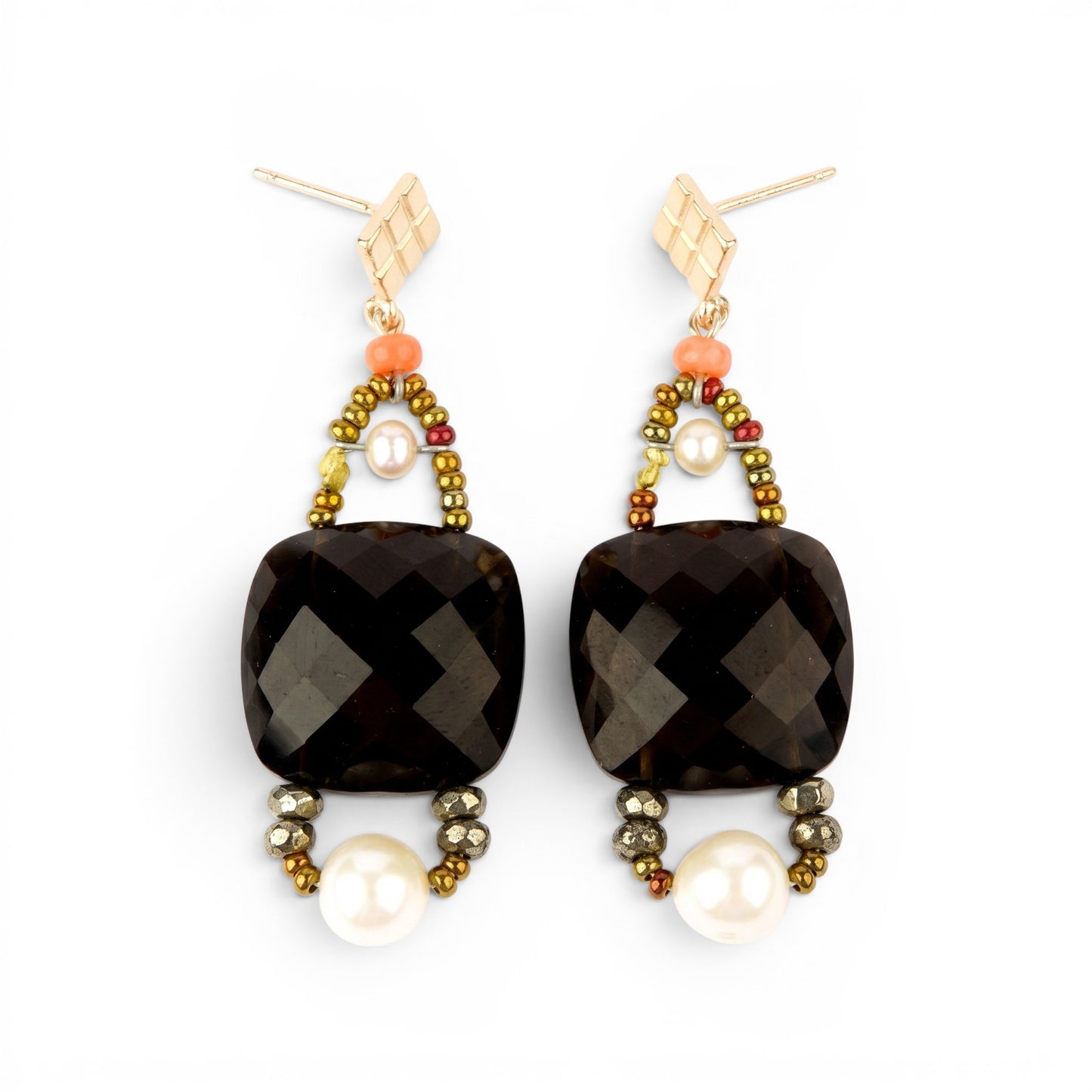 Trebor Style Ziio drop earrings featuring faceted black onyx, white pearls, and Murano glass beads on sterling silver.