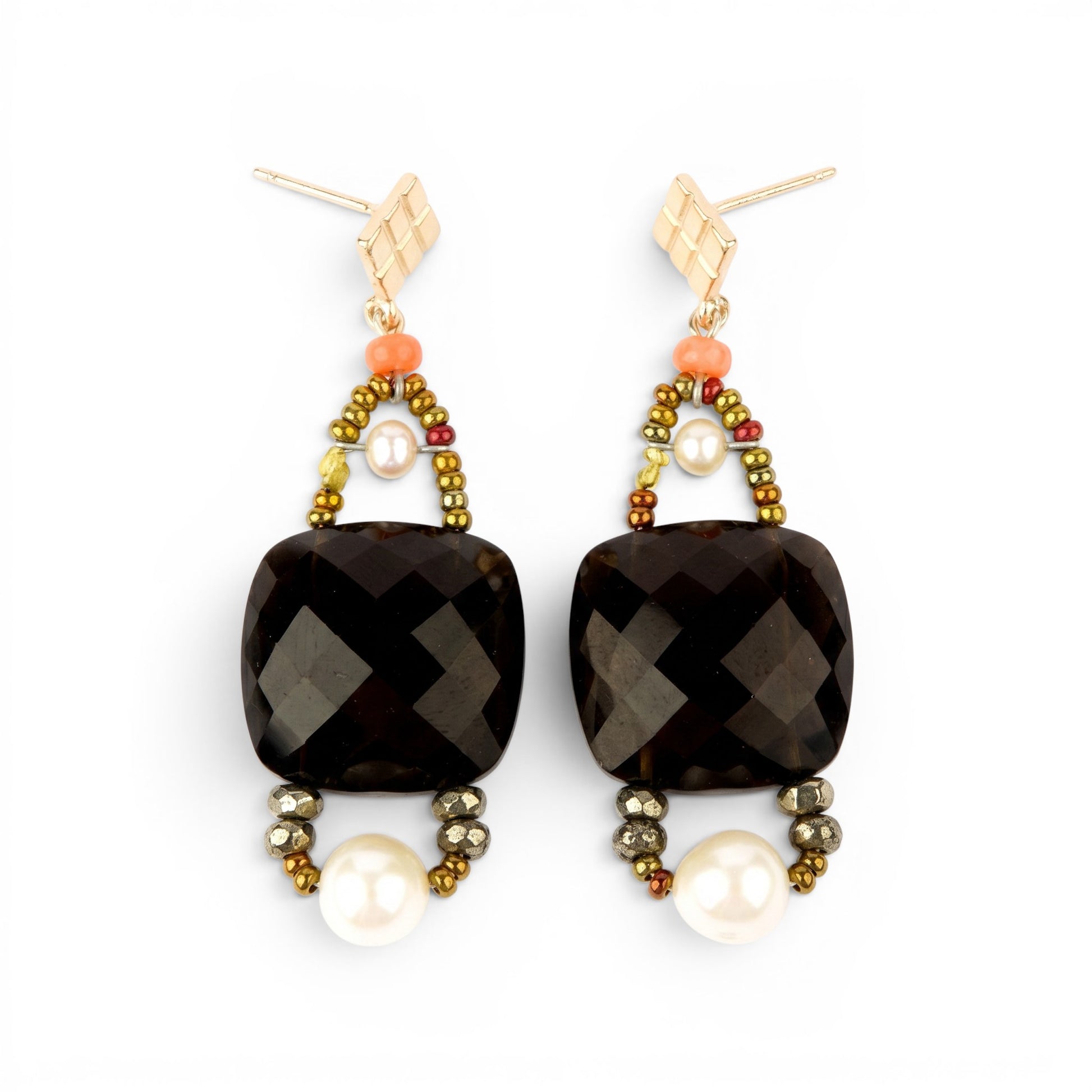 Trebor Style Ziio drop earrings featuring faceted black onyx, white pearls, and Murano glass beads on sterling silver.