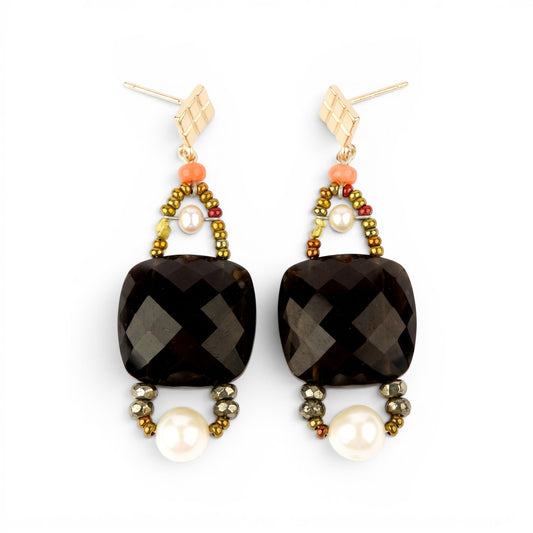 Trebor Style Ziio drop earrings featuring faceted black onyx, white pearls, and Murano glass beads on sterling silver.