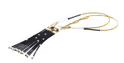 Trebor Style Ziio long Fenice tassel pendant necklace featuring black onyx, spinel, and white pearls on stainless wire.