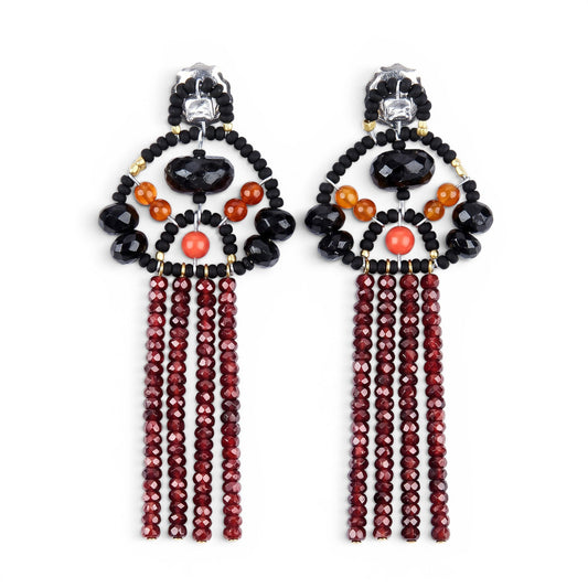 Trebor Style Ziio long tassel earrings featuring black tourmaline, coral glass beads, and rust red zircon gems.