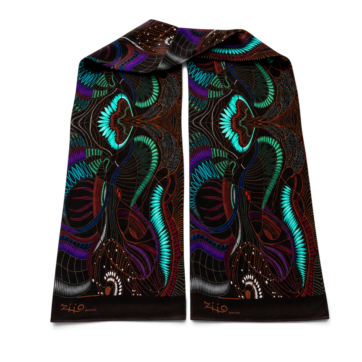 Trebor Style Ziio black silk satin tube scarf featuring a vibrant jungle print in blue, green, purple, and burgundy.
