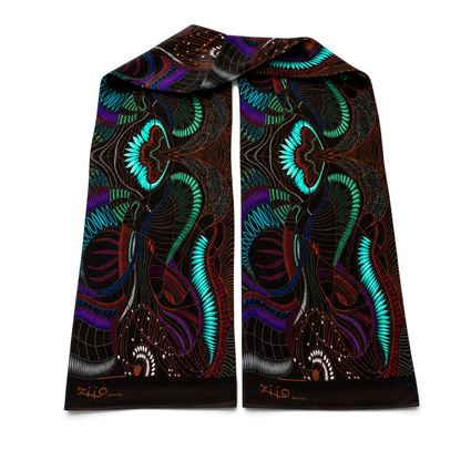 Trebor Style Ziio black silk satin tube scarf featuring a vibrant jungle print in blue, green, purple, and burgundy.
