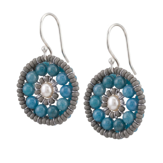 Trebor Style Ziio small oval earrings featuring blue apatite, grey Murano glass beads, and a central white pearl.