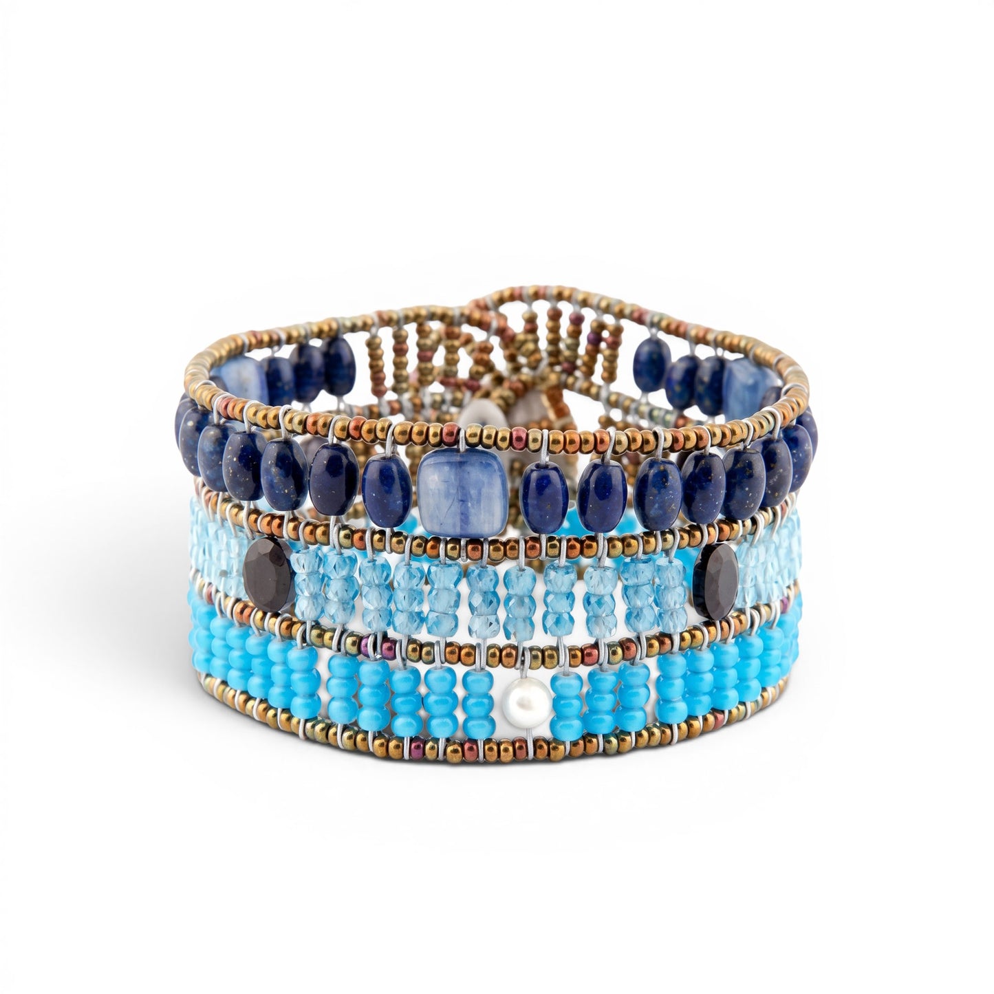 Trebor Style Ziio cuff bracelet featuring blue lapis, kyanite, zircon, black spinel, and pearls on Murano glass beads.