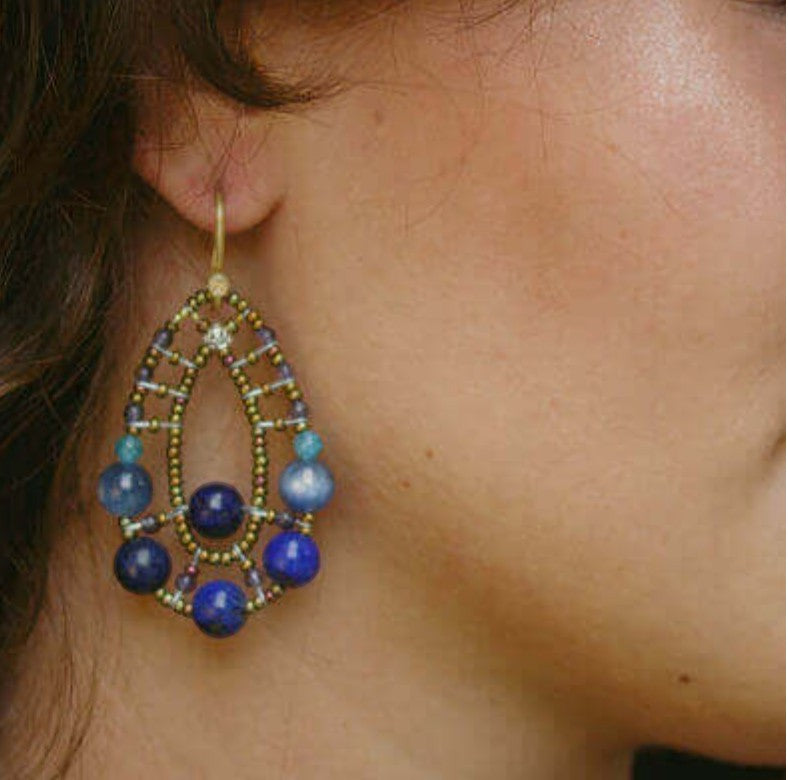 Trebor Style Ziio Shinju blue gemstone drop earrings featuring lapis, iolite, and apatite on golden Murano glass beads.
