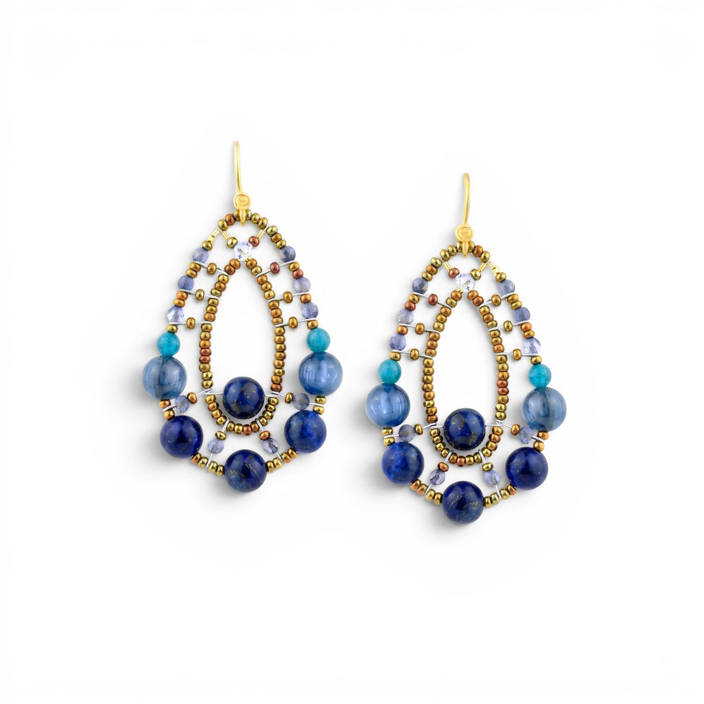 Trebor Style Ziio Shinju blue gemstone drop earrings featuring lapis, iolite, and apatite beads on gold Murano glass.